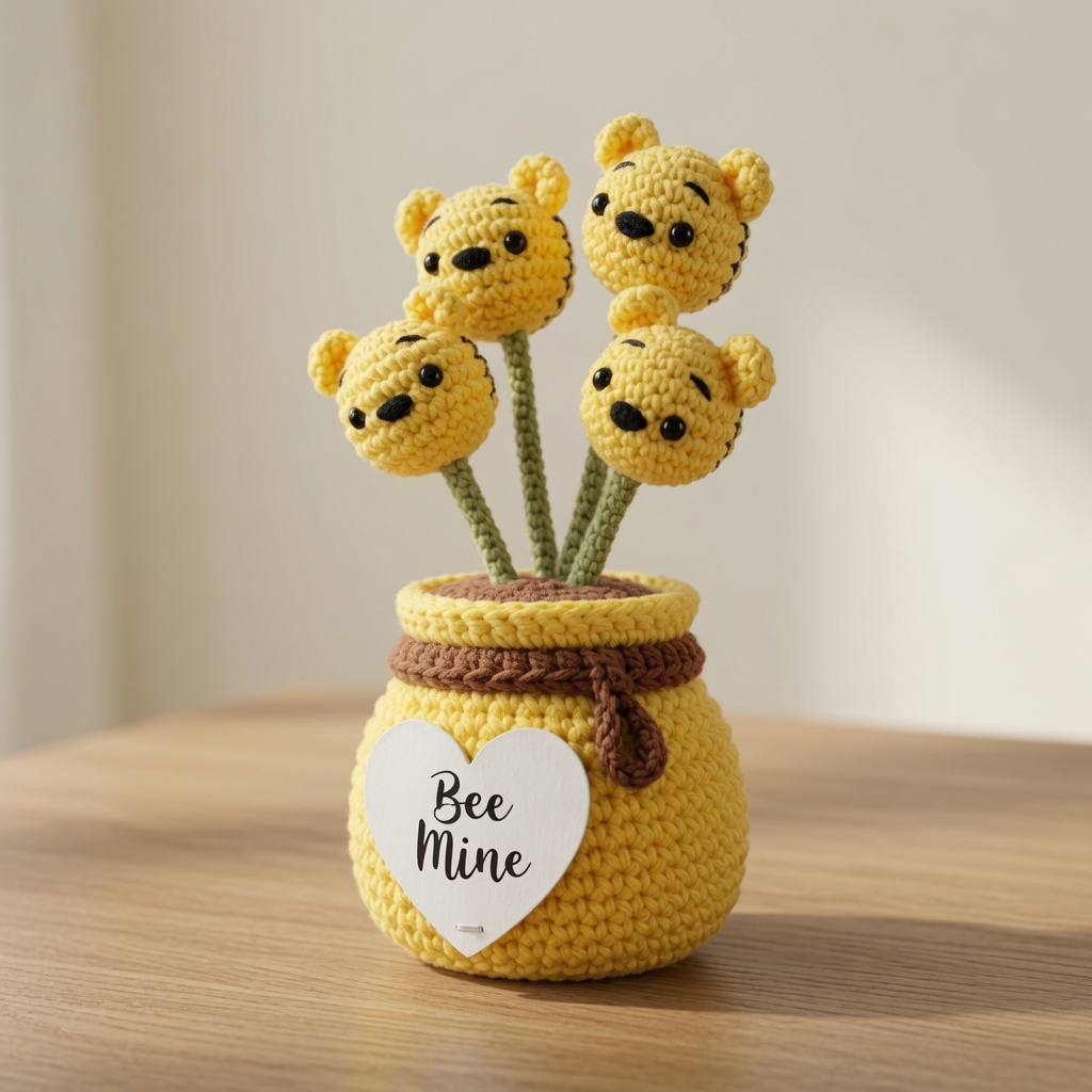 Crochet Bear Flower Pot with Honey Jar – Handmade Bee-Themed Decor