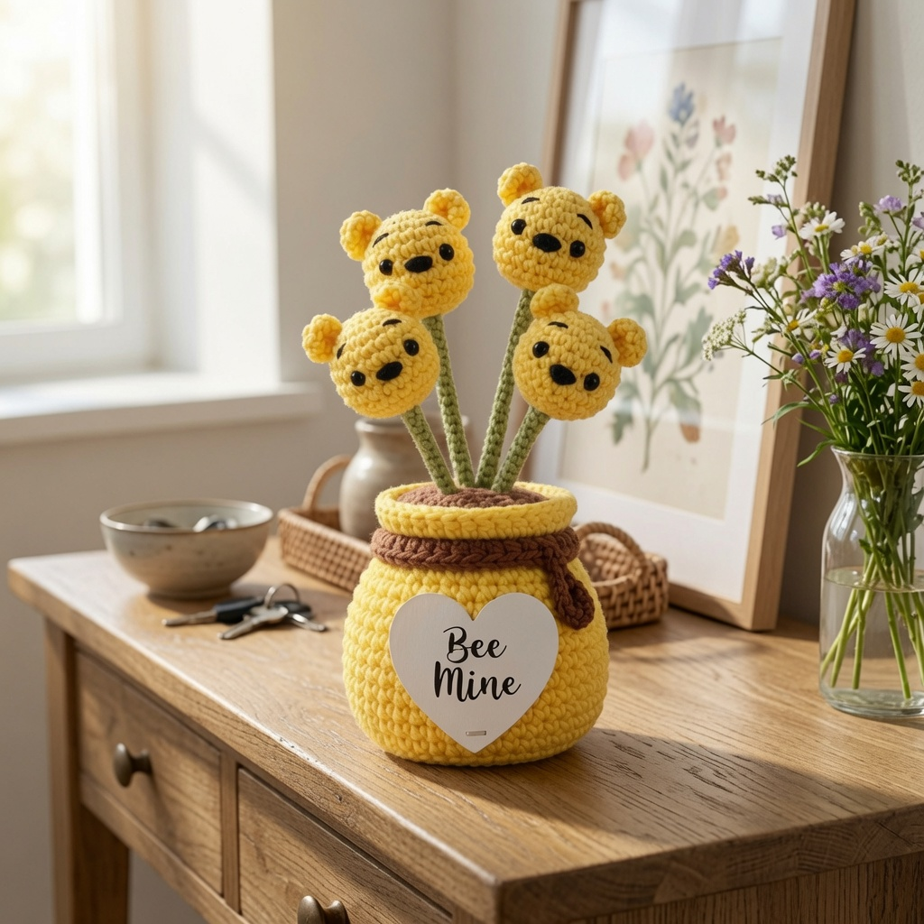 Crochet Bear Flower Pot with Honey Jar – Handmade Bee-Themed Decor