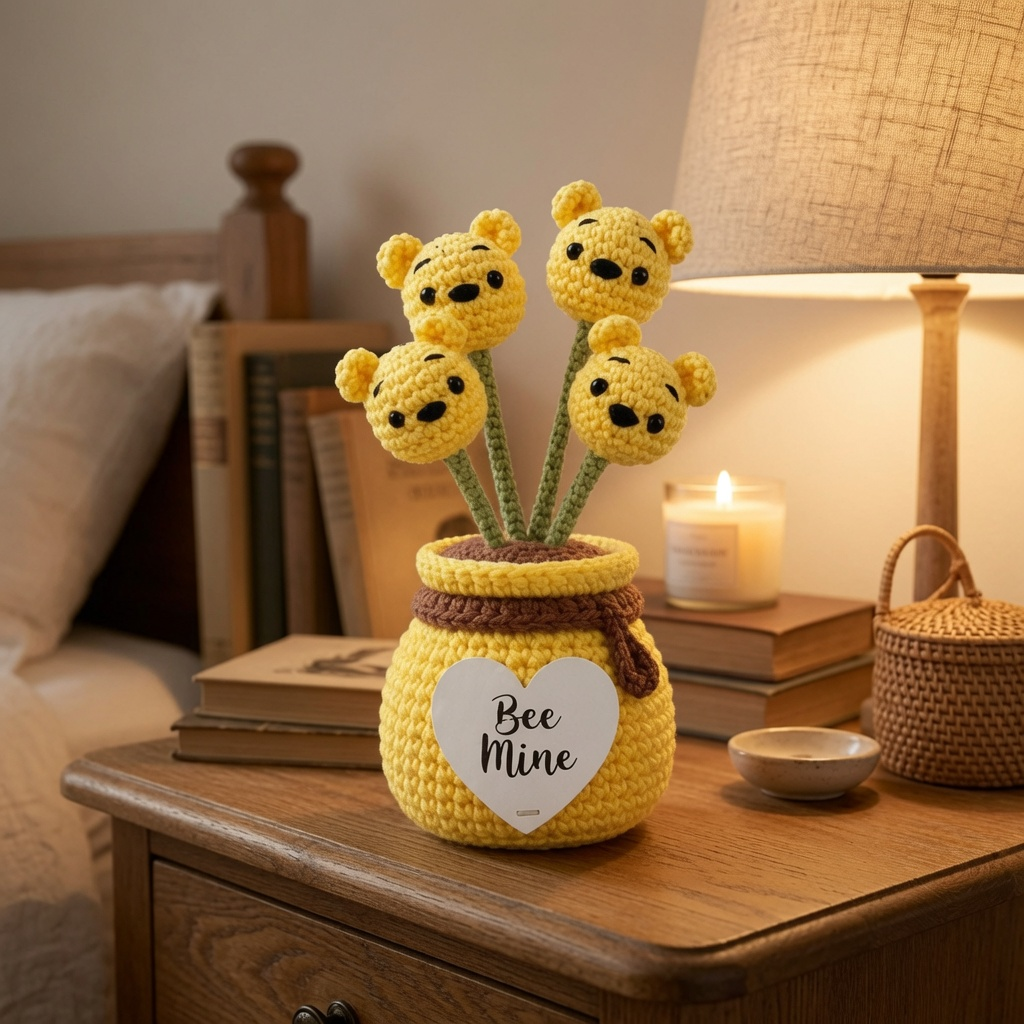 Crochet Bear Flower Pot with Honey Jar – Handmade Bee-Themed Decor