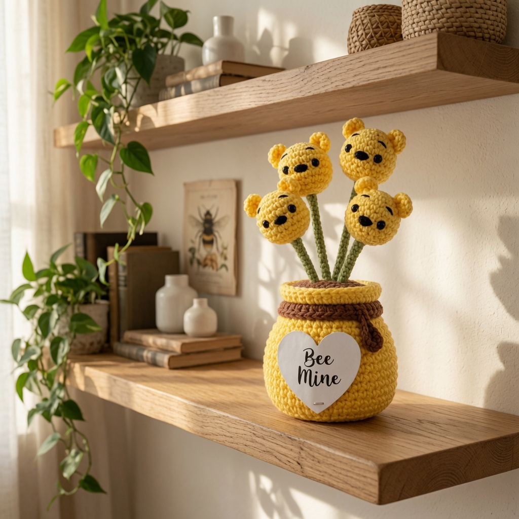 Crochet Bear Flower Pot with Honey Jar – Handmade Bee-Themed Decor