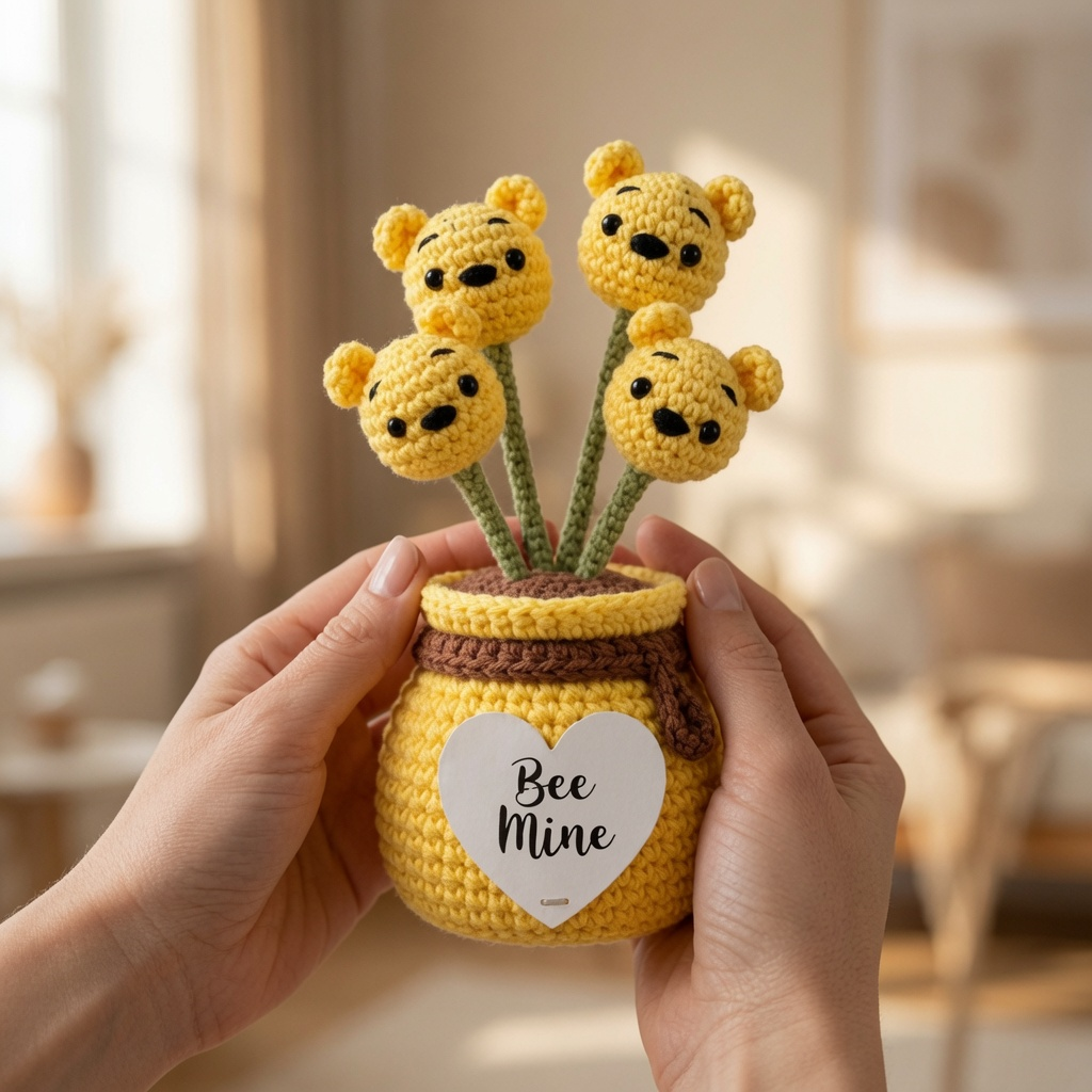Crochet Bear Flower Pot with Honey Jar – Handmade Bee-Themed Decor