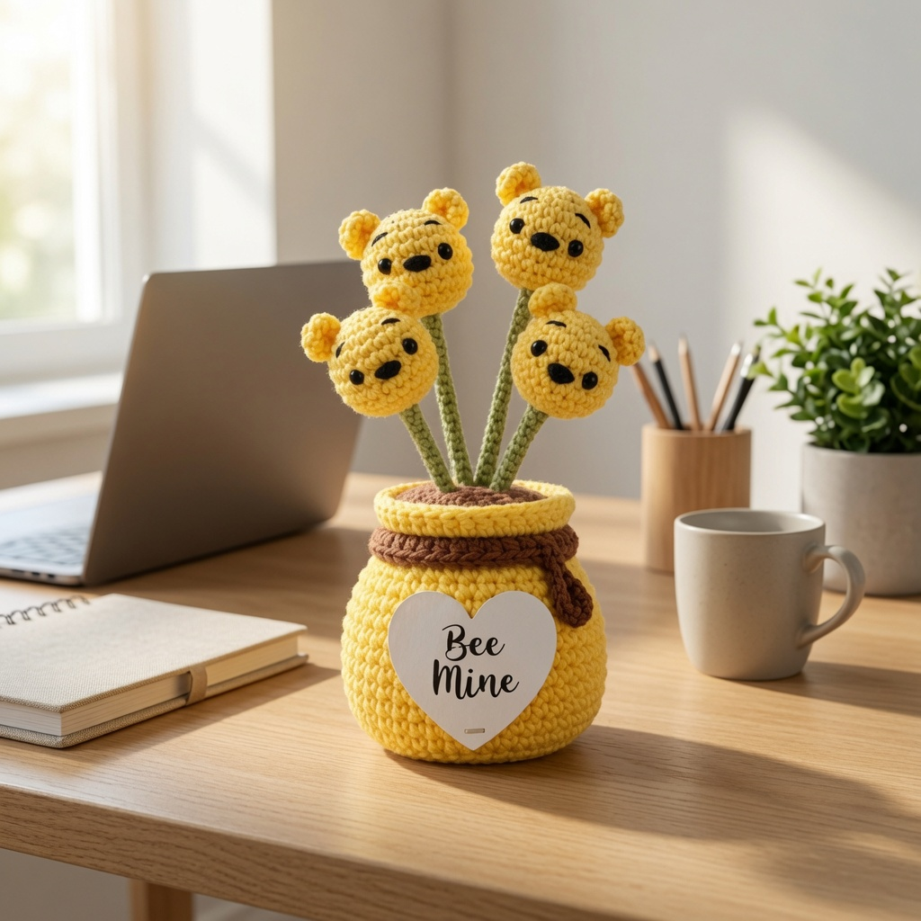 Crochet Bear Flower Pot with Honey Jar – Handmade Bee-Themed Decor