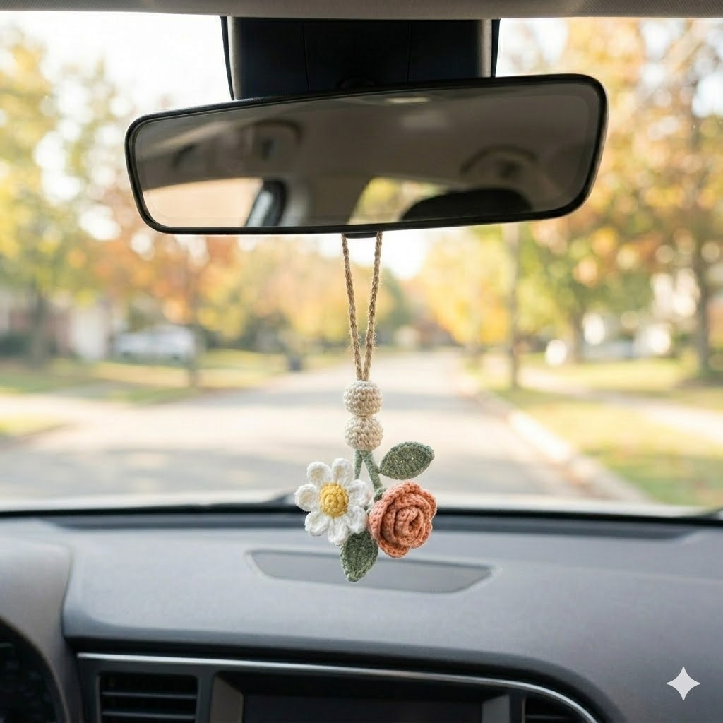 Crochet Flower Car Hanging – Handmade Car Mirror Charm