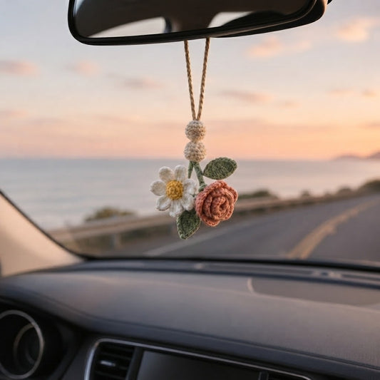 Crochet Flower Car Hanging – Handmade Car Mirror Charm
