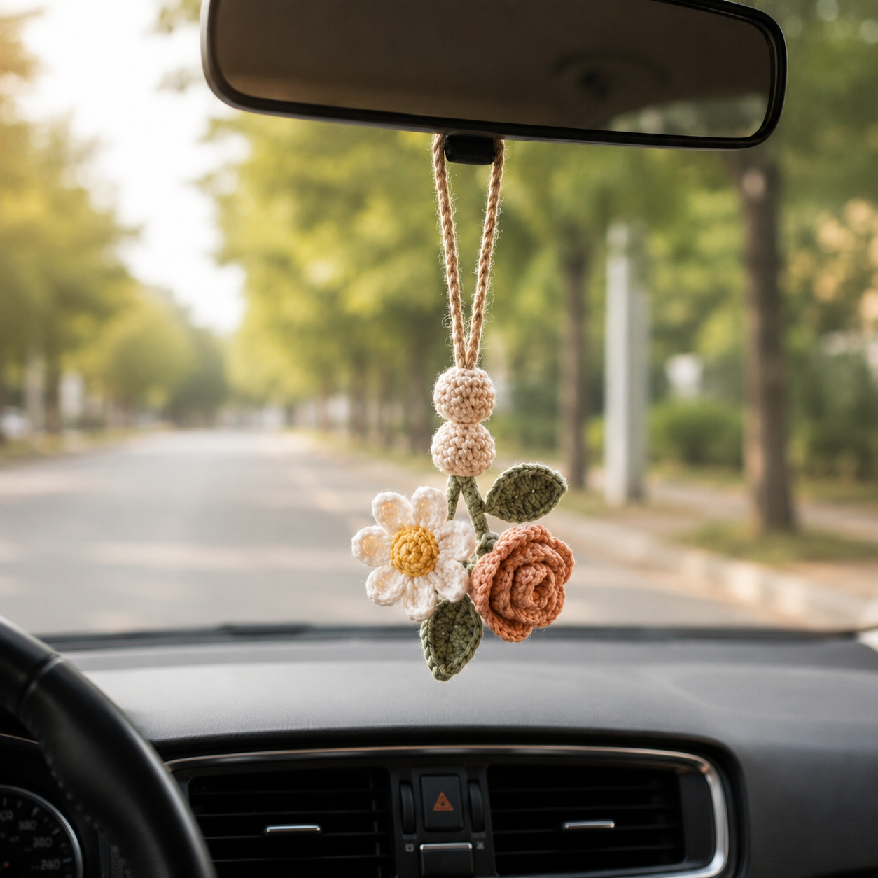 Crochet Flower Car Hanging – Handmade Car Mirror Charm