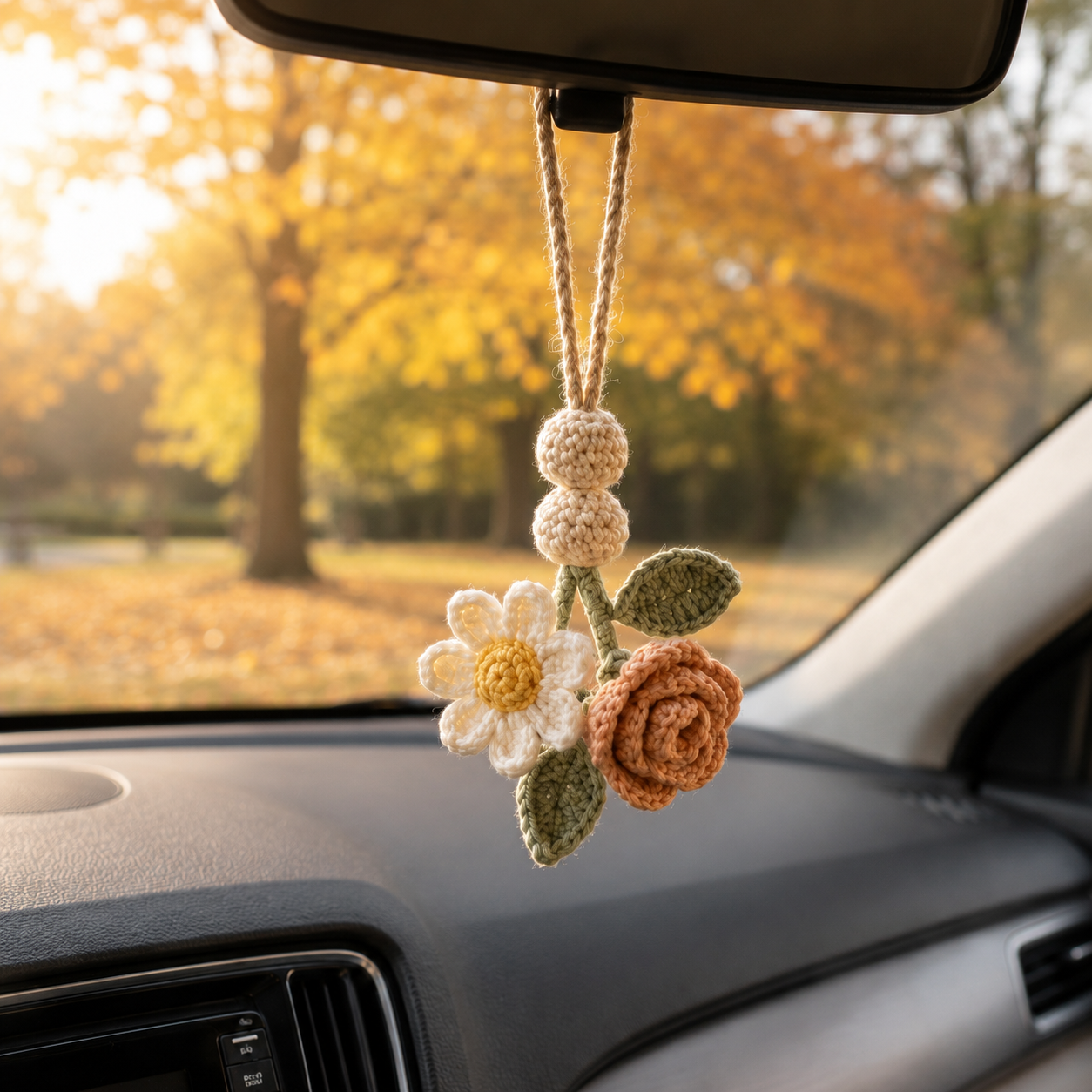 Crochet Flower Car Hanging – Handmade Car Mirror Charm