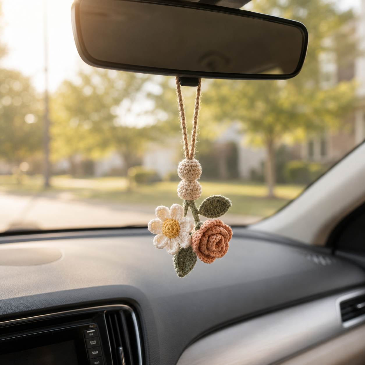 Crochet Flower Car Hanging – Handmade Car Mirror Charm