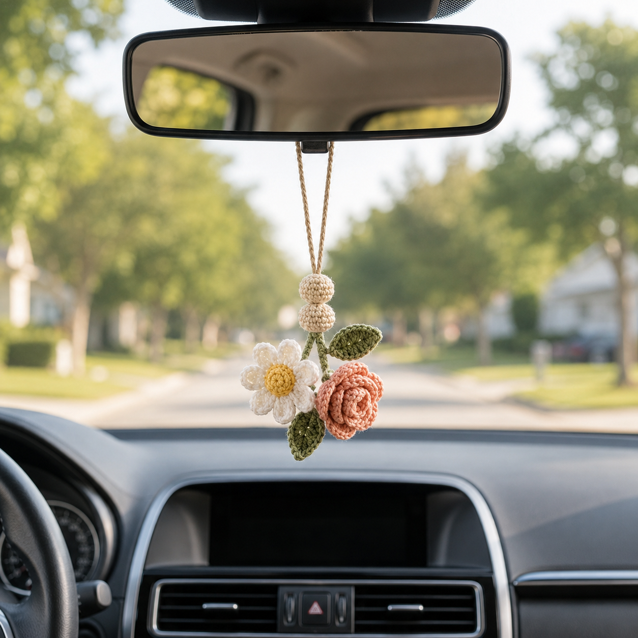 Crochet Flower Car Hanging – Handmade Car Mirror Charm