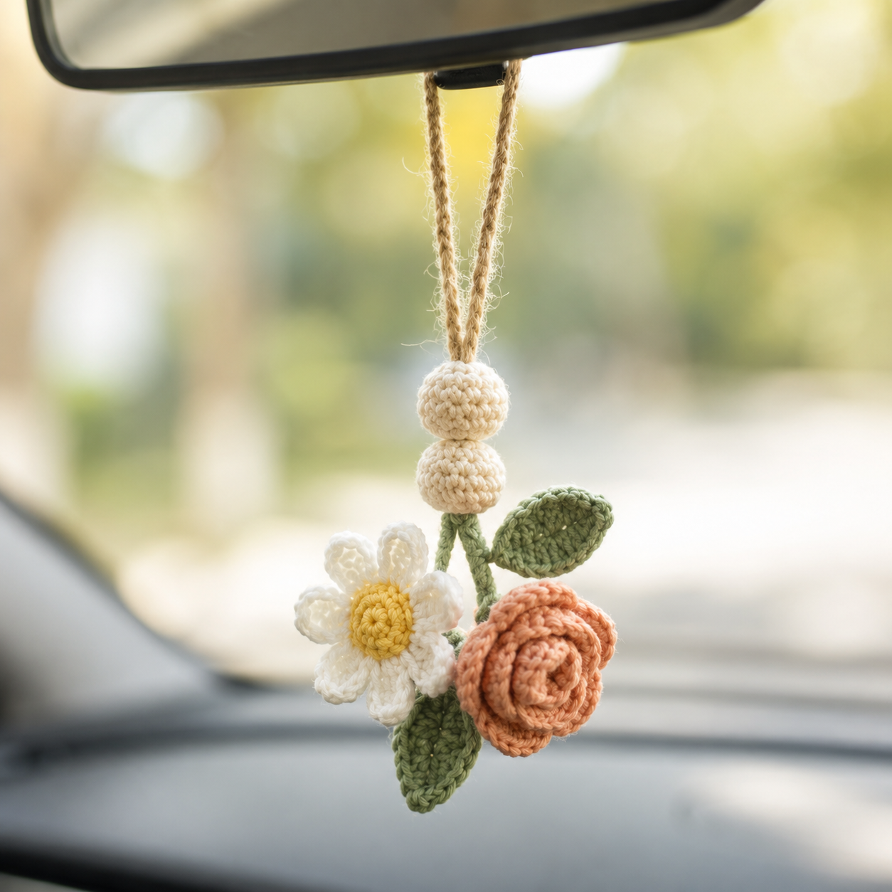 Crochet Flower Car Hanging – Handmade Car Mirror Charm