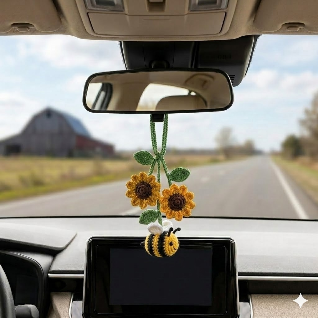 Crochet Bee Car Hanging – Handmade Car Mirror Charm