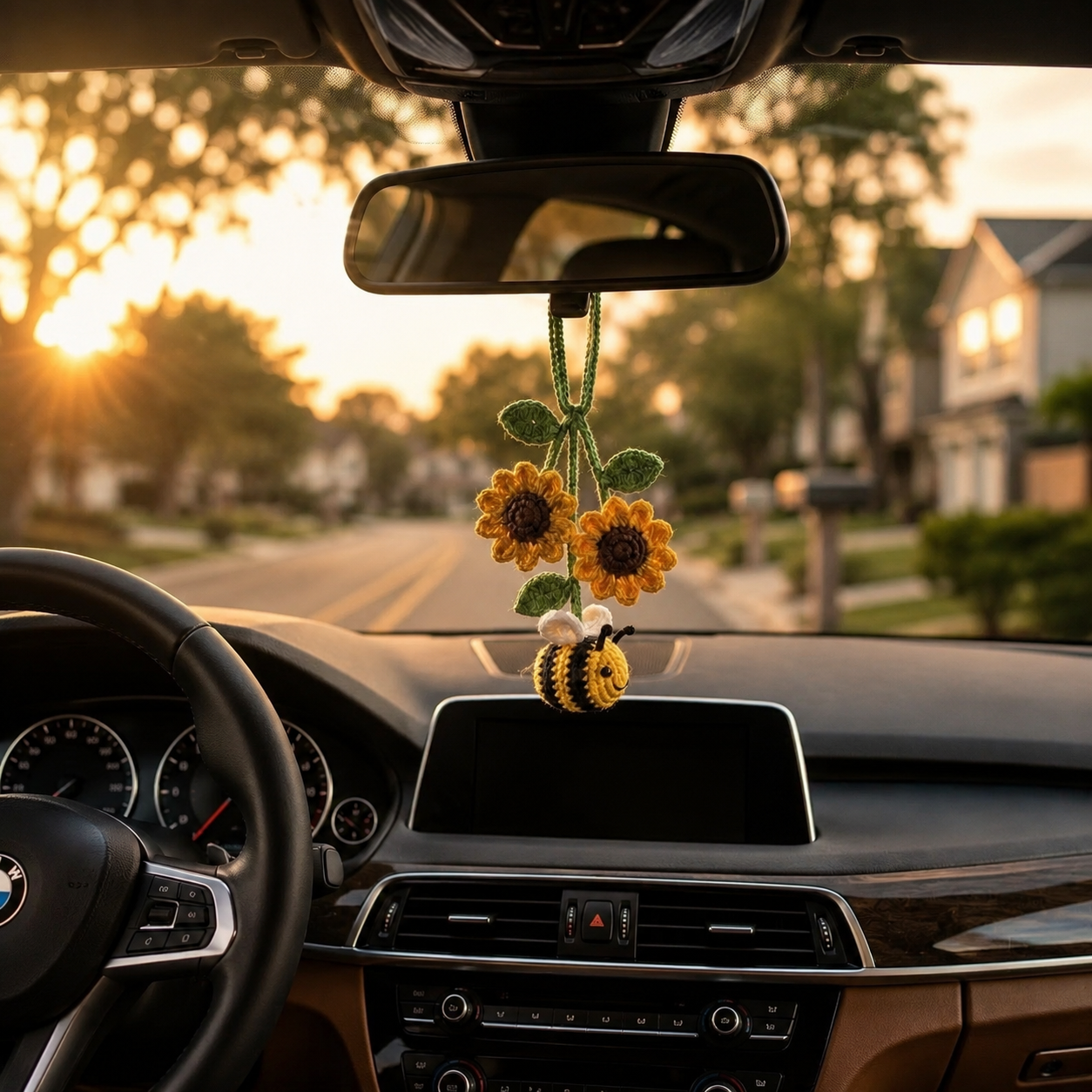 Crochet Bee Car Hanging – Handmade Car Mirror Charm