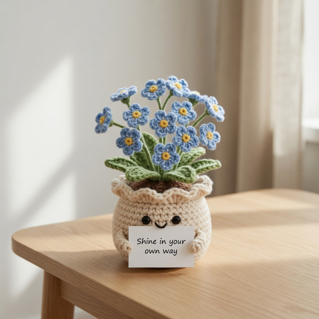 Crochet Forget Me Not Flower Pot – Handmade Positive Gift & Desk Decor
