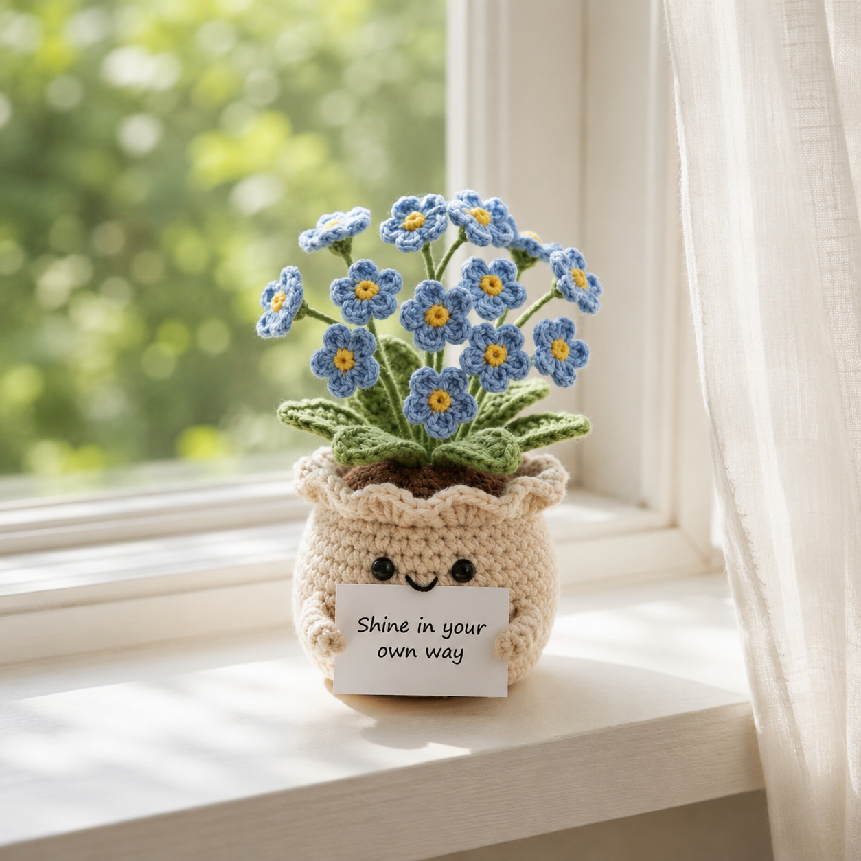 Crochet Forget Me Not Flower Pot – Handmade Positive Gift & Desk Decor