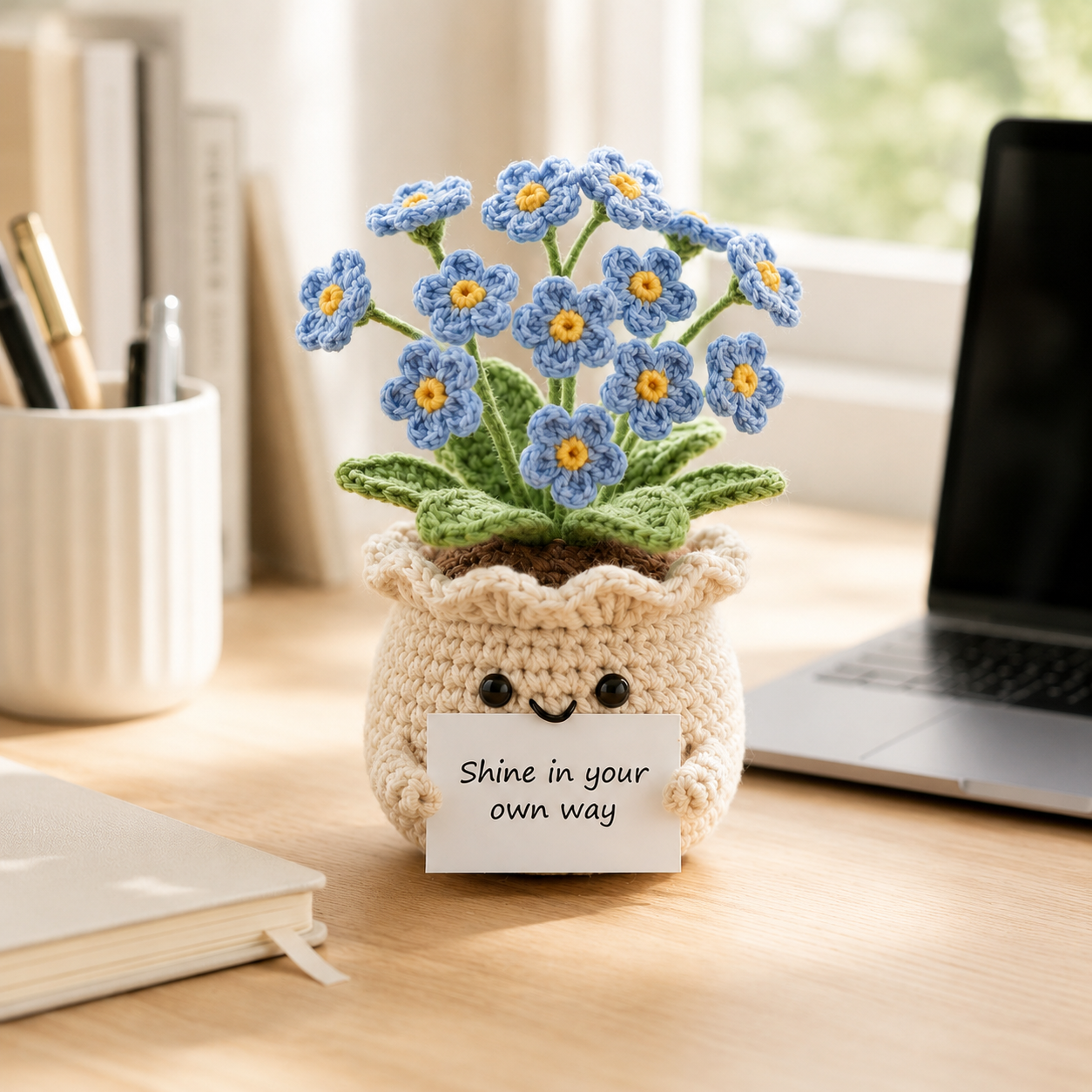 Crochet Forget Me Not Flower Pot – Handmade Positive Gift & Desk Decor