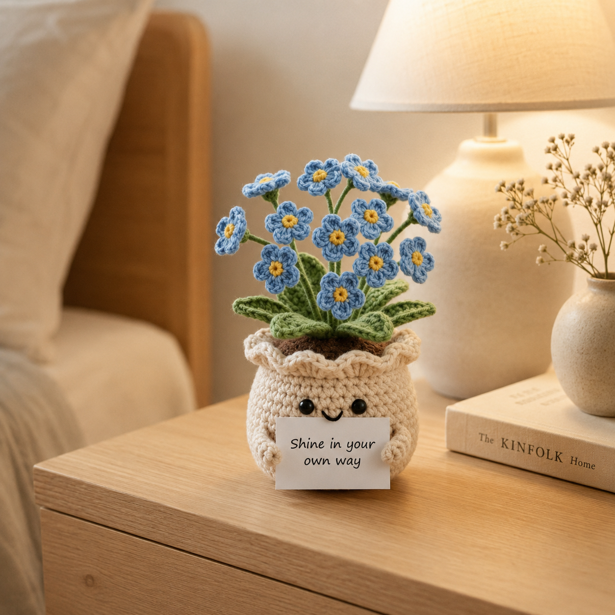 Crochet Forget Me Not Flower Pot – Handmade Positive Gift & Desk Decor