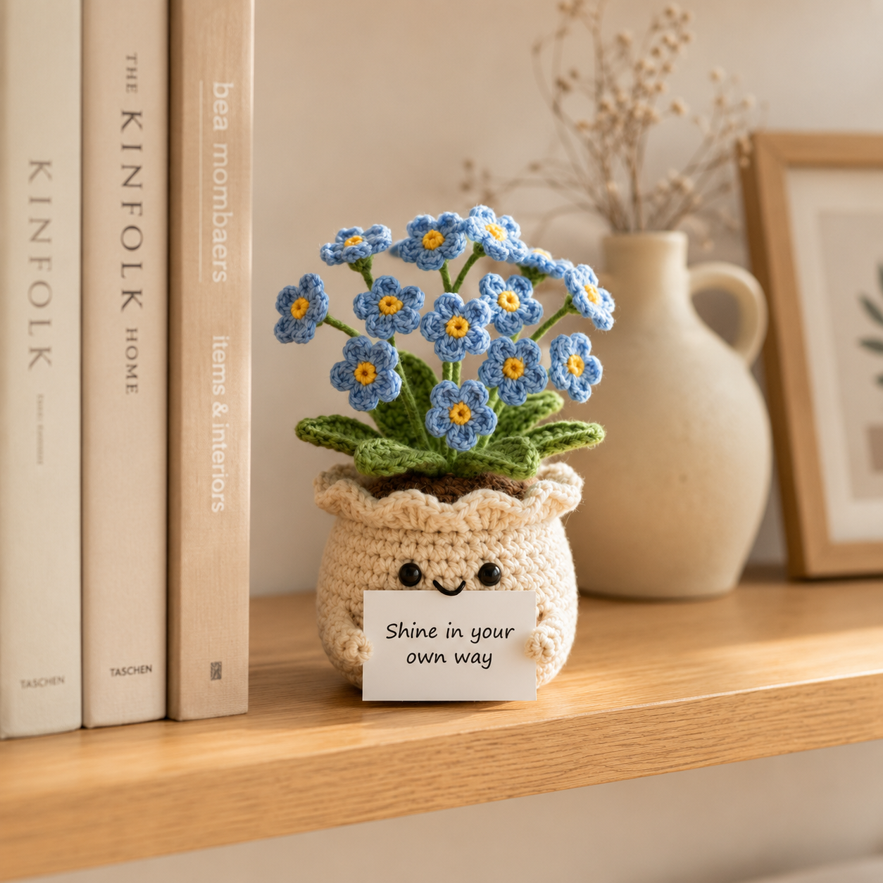 Crochet Forget Me Not Flower Pot – Handmade Positive Gift & Desk Decor