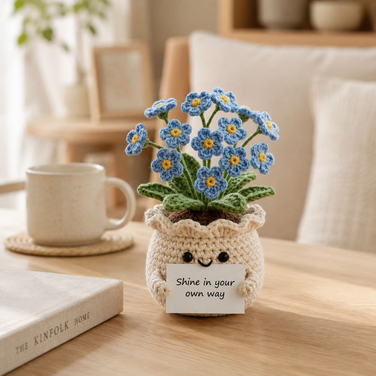 Crochet Forget Me Not Flower Pot – Handmade Positive Gift & Desk Decor