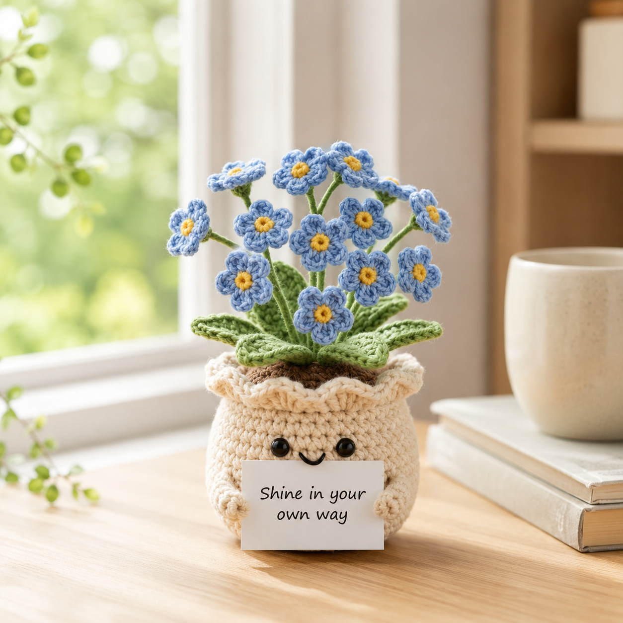 Crochet Forget Me Not Flower Pot – Handmade Positive Gift & Desk Decor