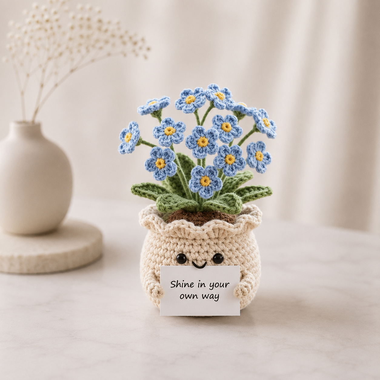 Crochet Forget Me Not Flower Pot – Handmade Positive Gift & Desk Decor
