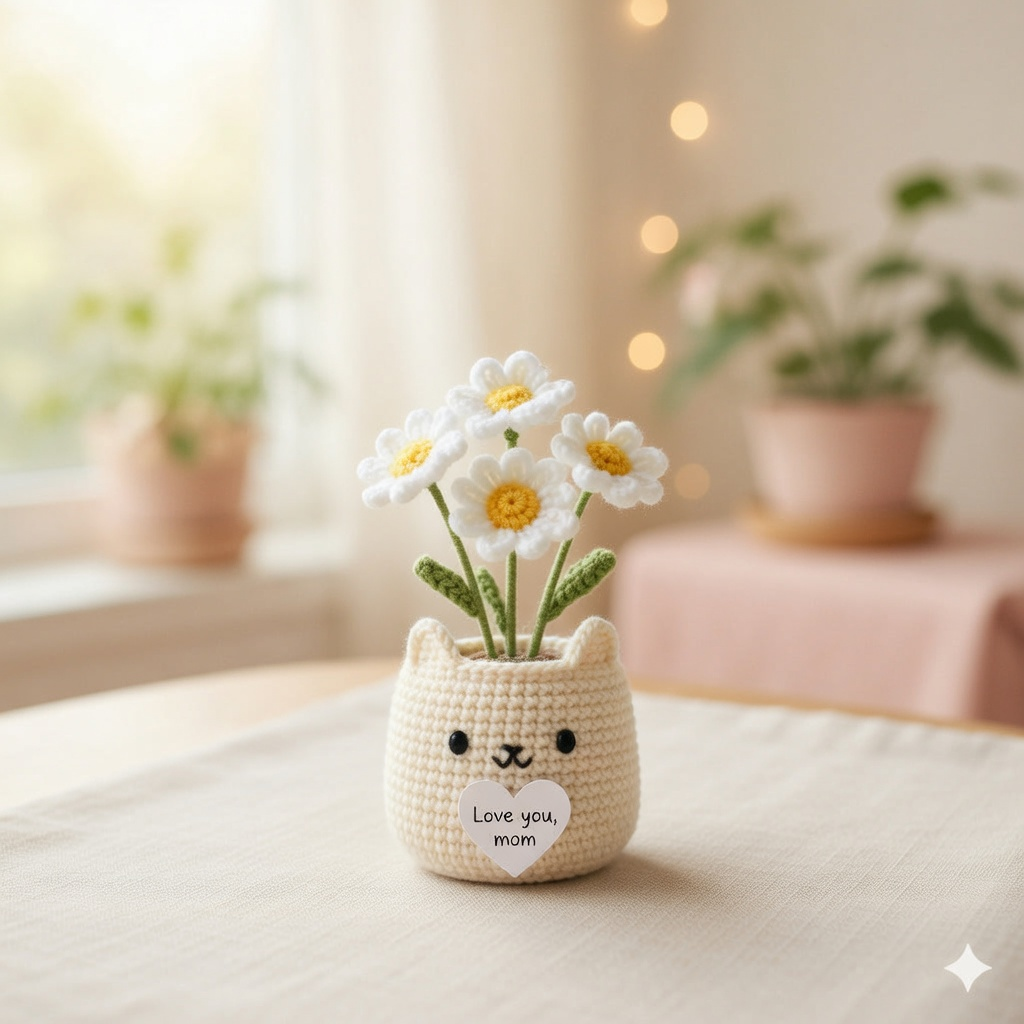 Crochet Cat Flower Pot – Handmade Gift for Mom & Desk Decor