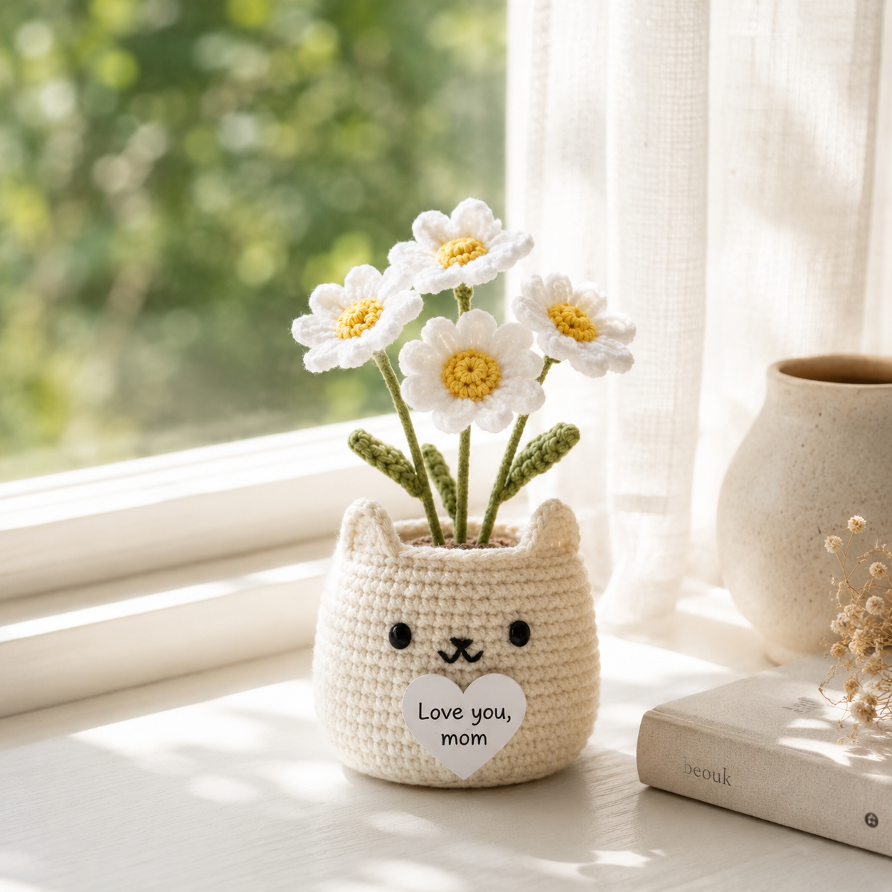 Crochet Cat Flower Pot – Handmade Gift for Mom & Desk Decor