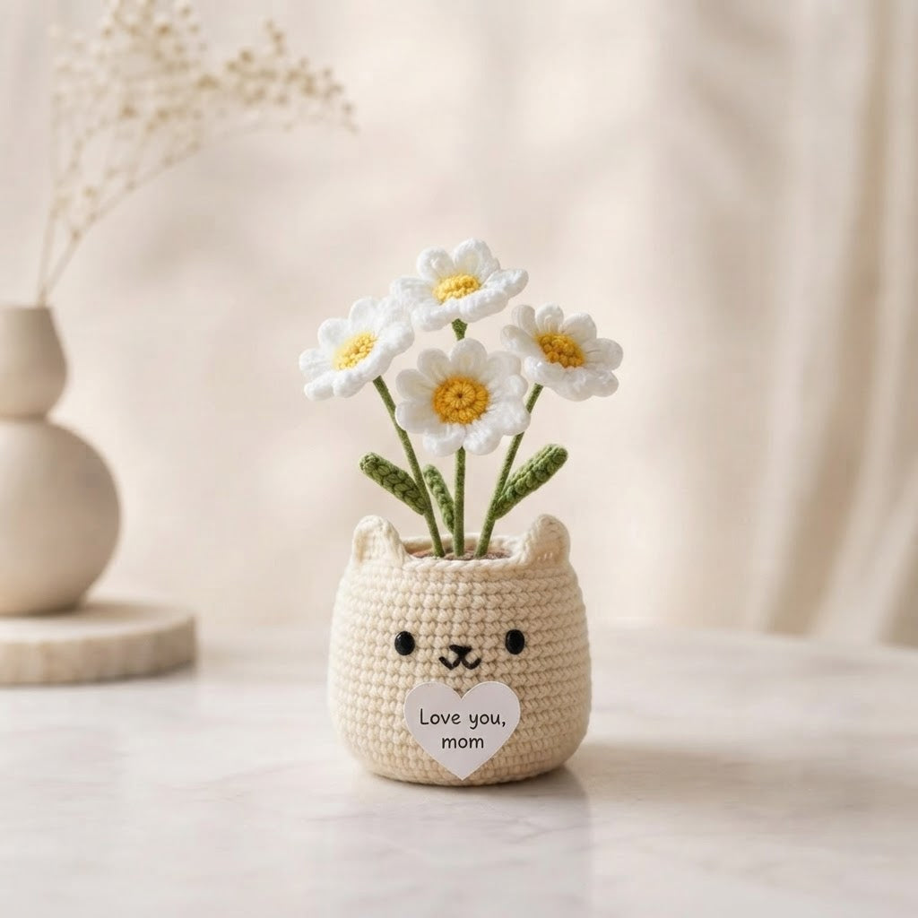 Crochet Cat Flower Pot – Handmade Gift for Mom & Desk Decor