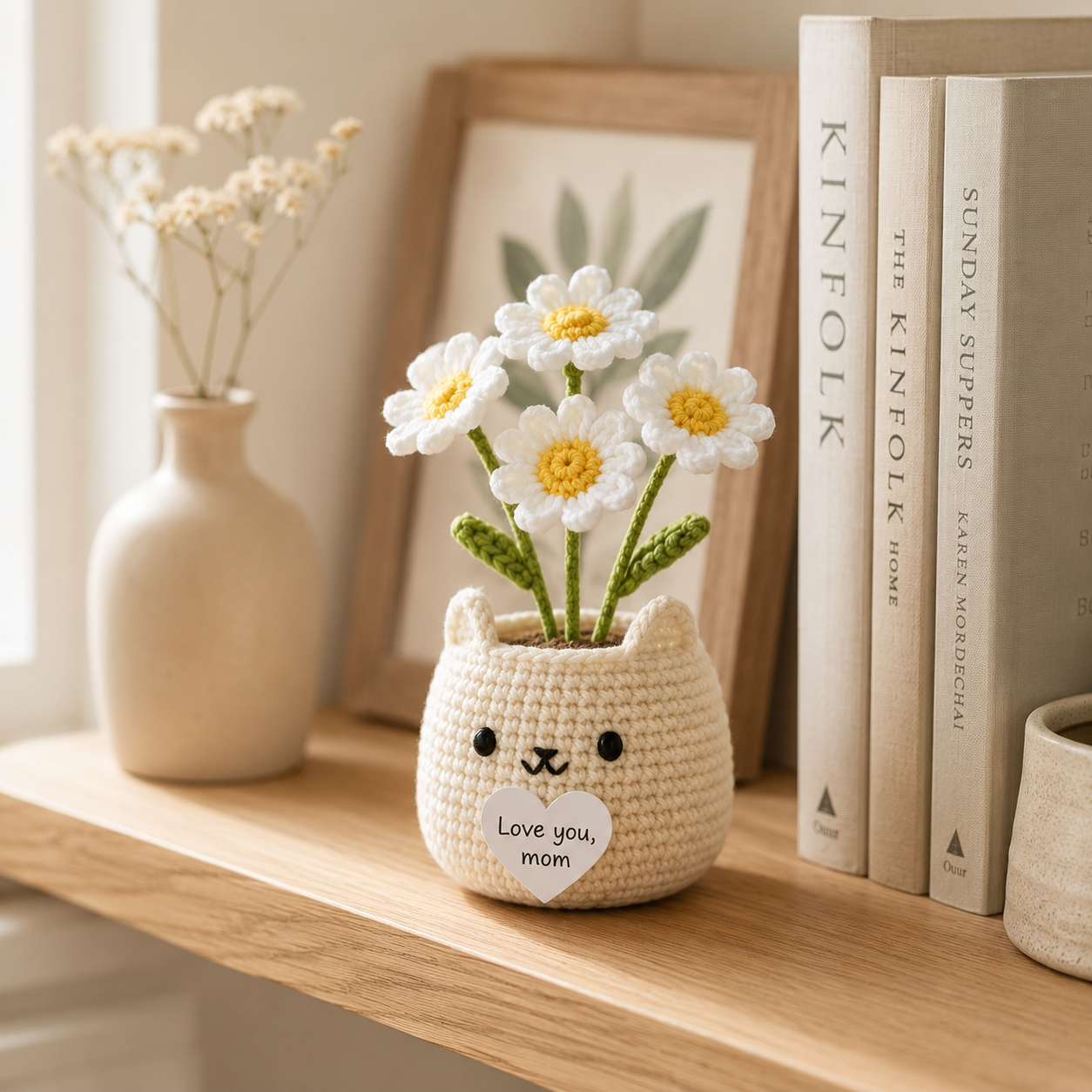 Crochet Cat Flower Pot – Handmade Gift for Mom & Desk Decor