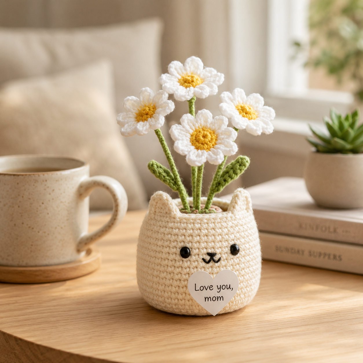 Crochet Cat Flower Pot – Handmade Gift for Mom & Desk Decor