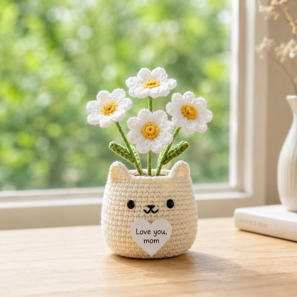 Crochet Cat Flower Pot – Handmade Gift for Mom & Desk Decor