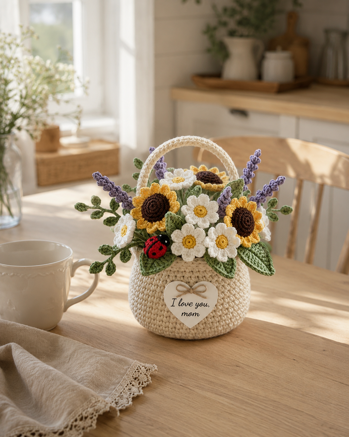 Crochet Sunflower & Lavender Basket – Handmade House Decor Gift