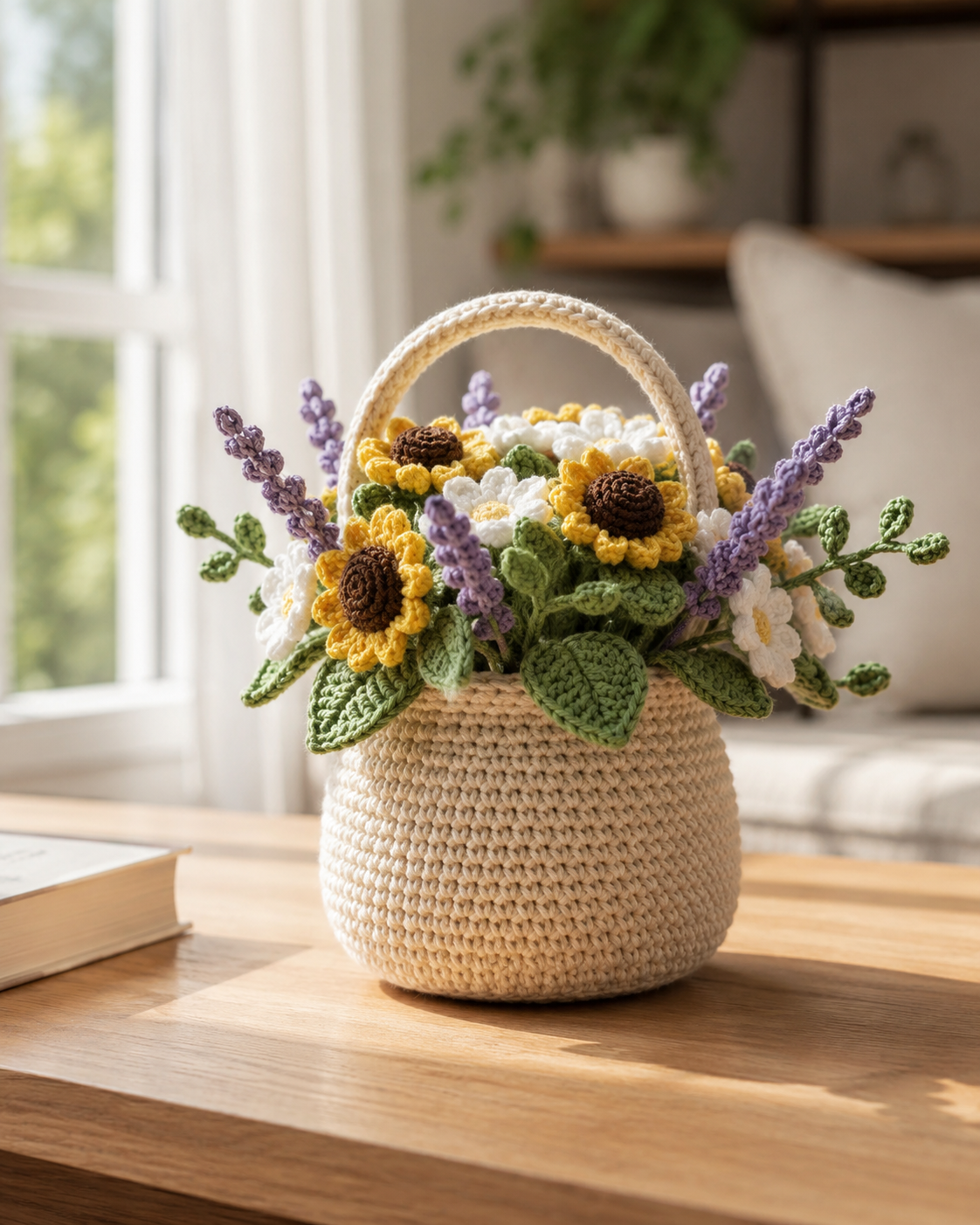 Crochet Sunflower & Lavender Basket – Handmade House Decor Gift