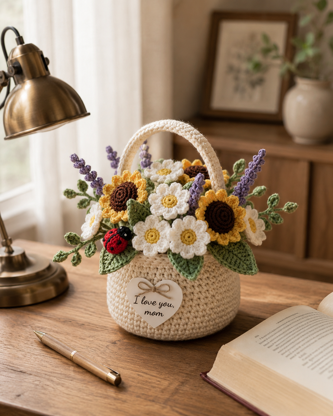 Crochet Sunflower & Lavender Basket – Handmade House Decor Gift