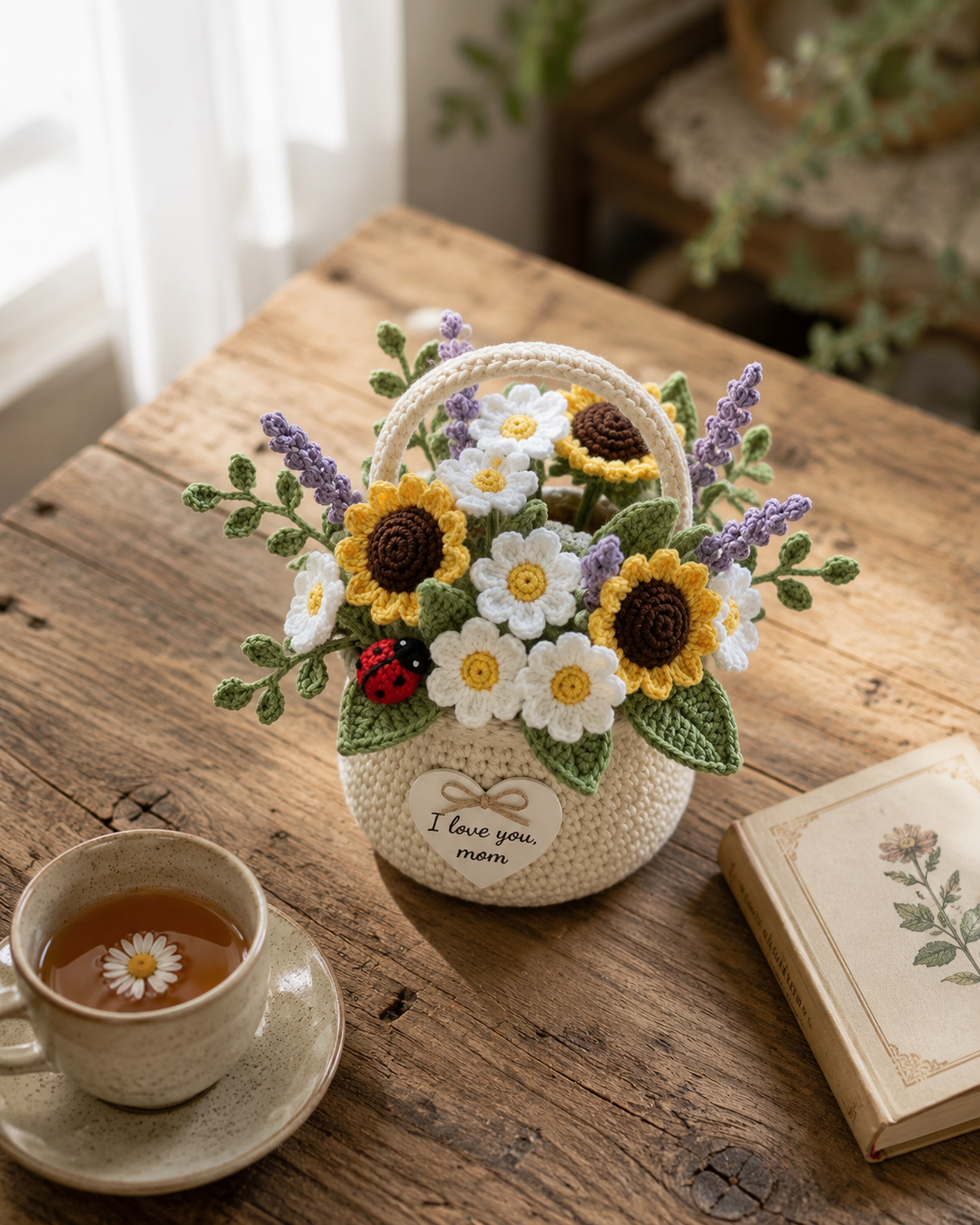 Crochet Sunflower & Lavender Basket – Handmade House Decor Gift