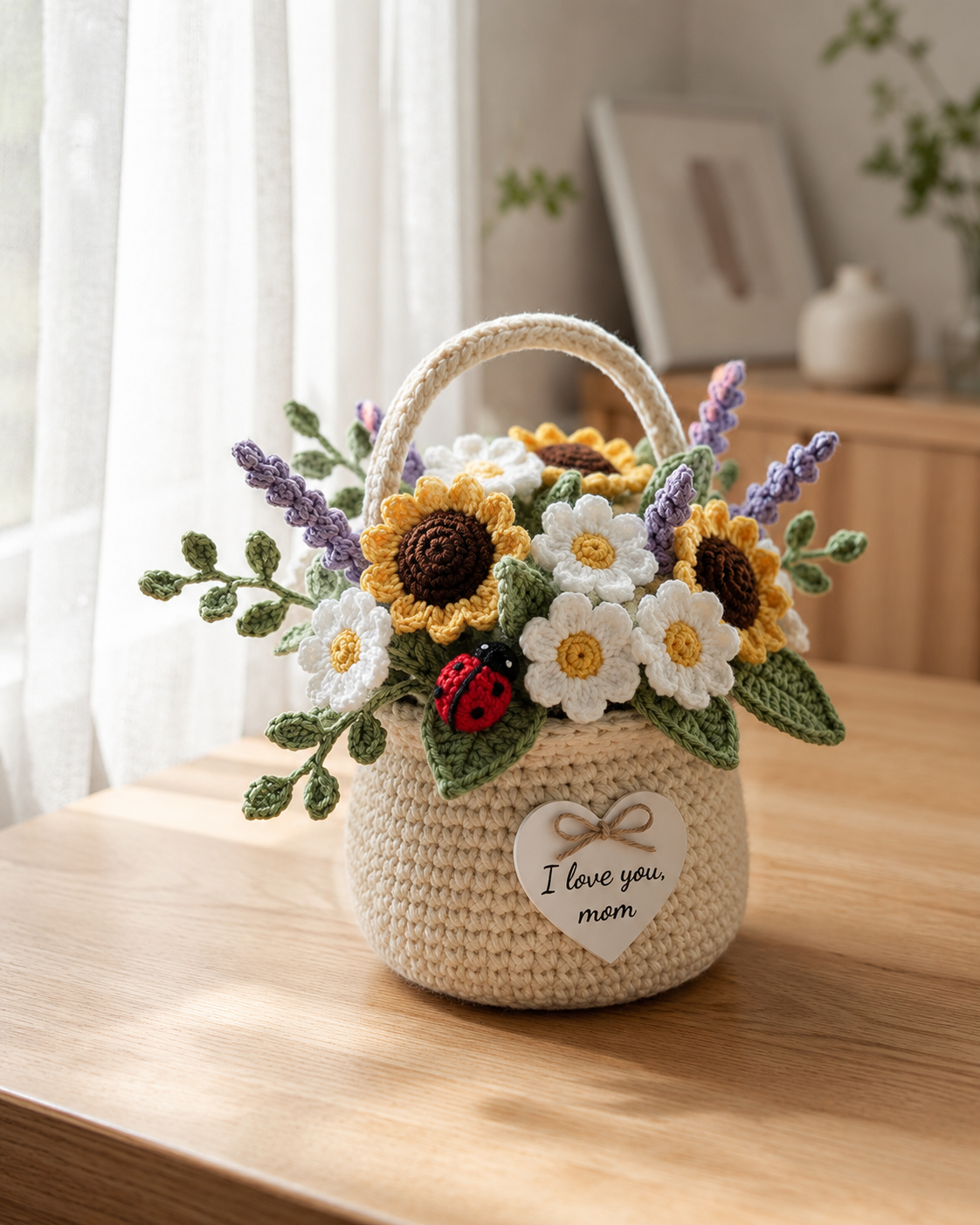 Crochet Sunflower & Lavender Basket – Handmade House Decor Gift