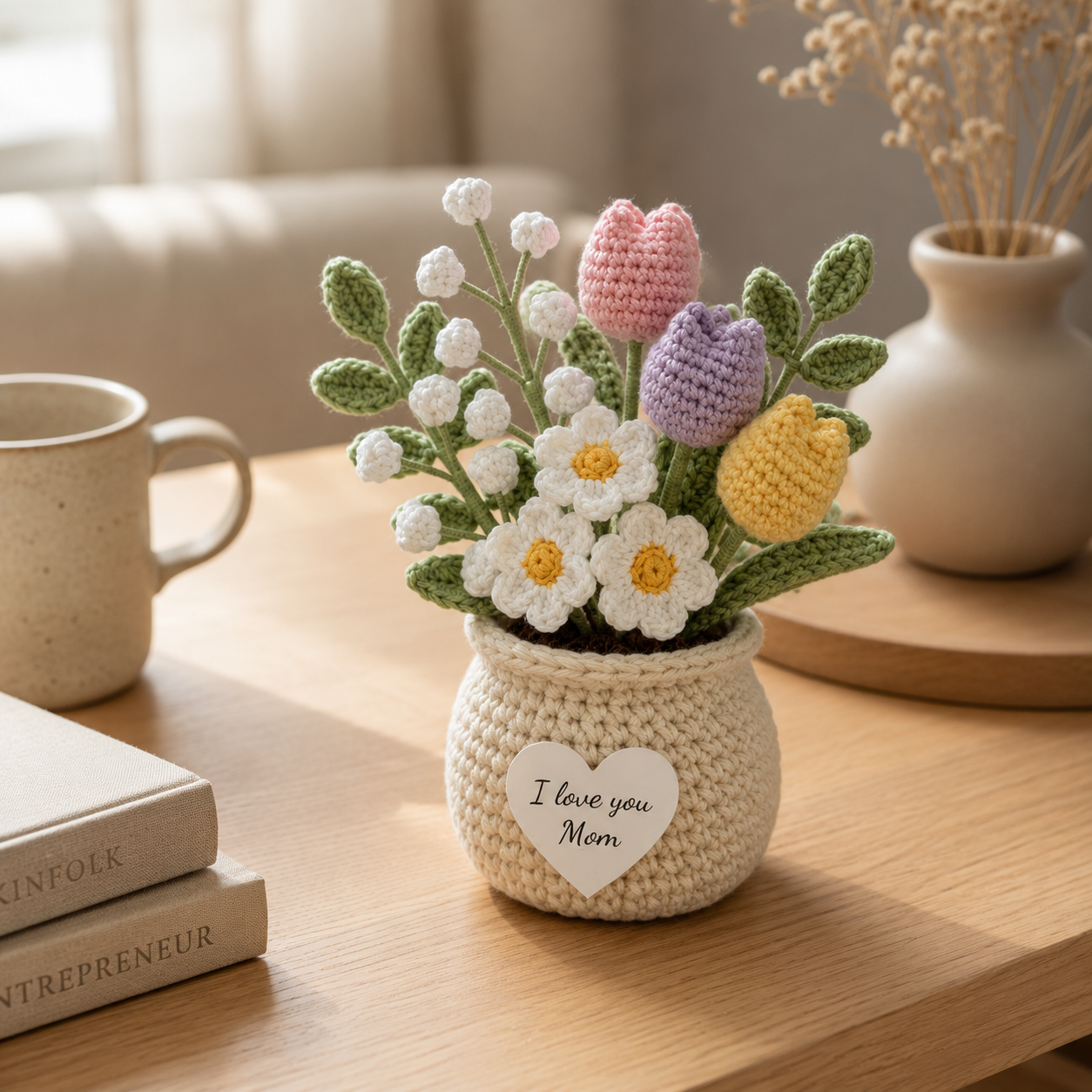 Crochet Tulip & Daisy Flower Pot – Handmade Floral Gift for Mom