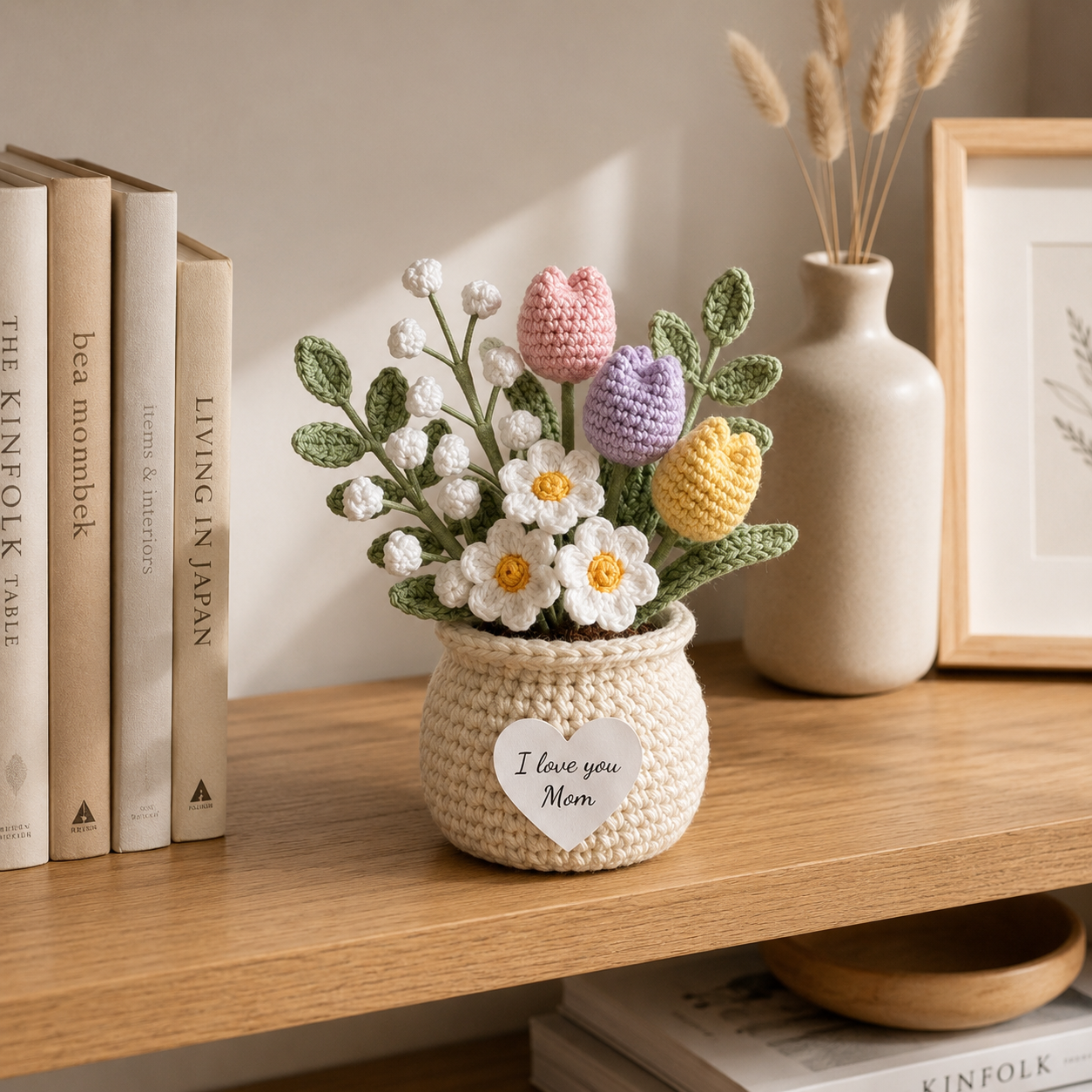 Crochet Tulip & Daisy Flower Pot – Handmade Floral Gift for Mom