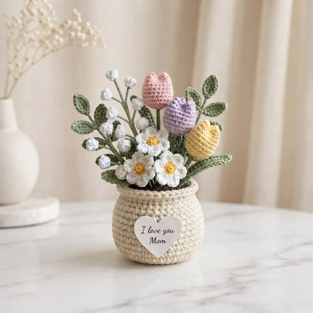 Crochet Tulip & Daisy Flower Pot – Handmade Floral Gift for Mom