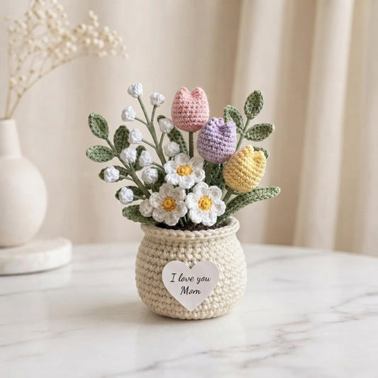 Crochet Tulip & Daisy Flower Pot – Handmade Floral Gift for Mom