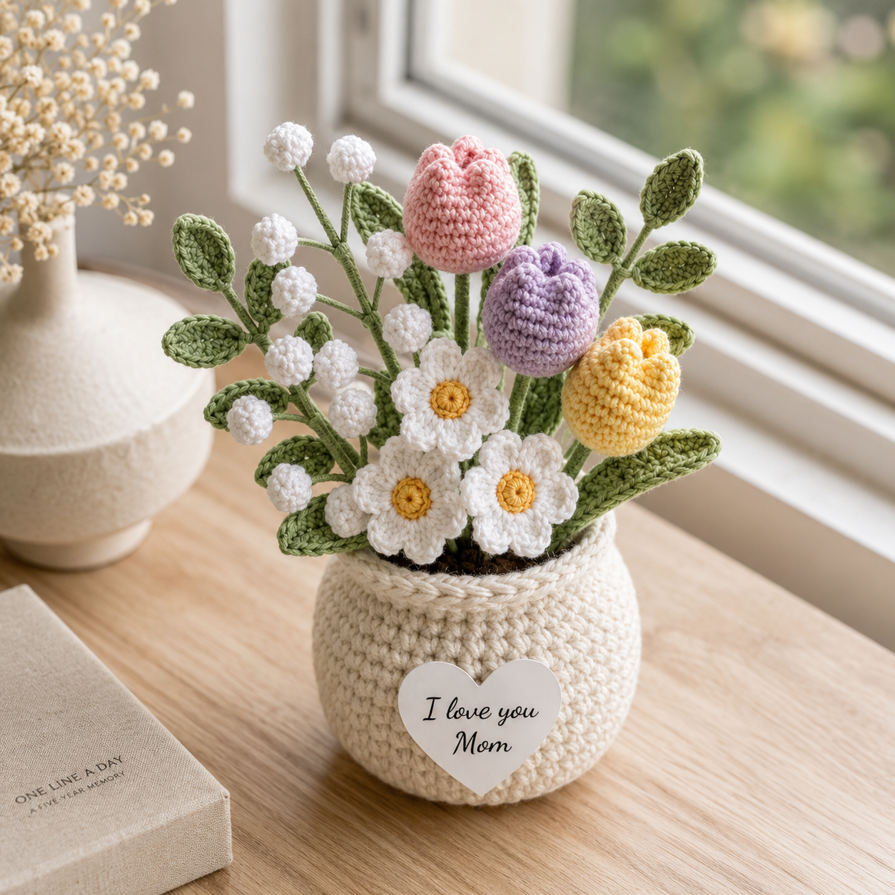 Crochet Tulip & Daisy Flower Pot – Handmade Floral Gift for Mom