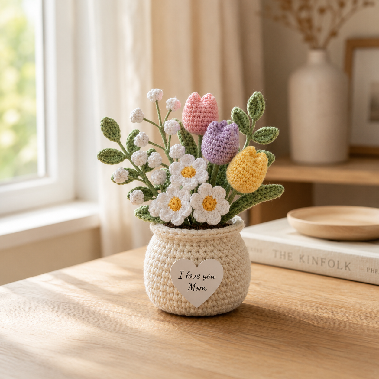 Crochet Tulip & Daisy Flower Pot – Handmade Floral Gift for Mom