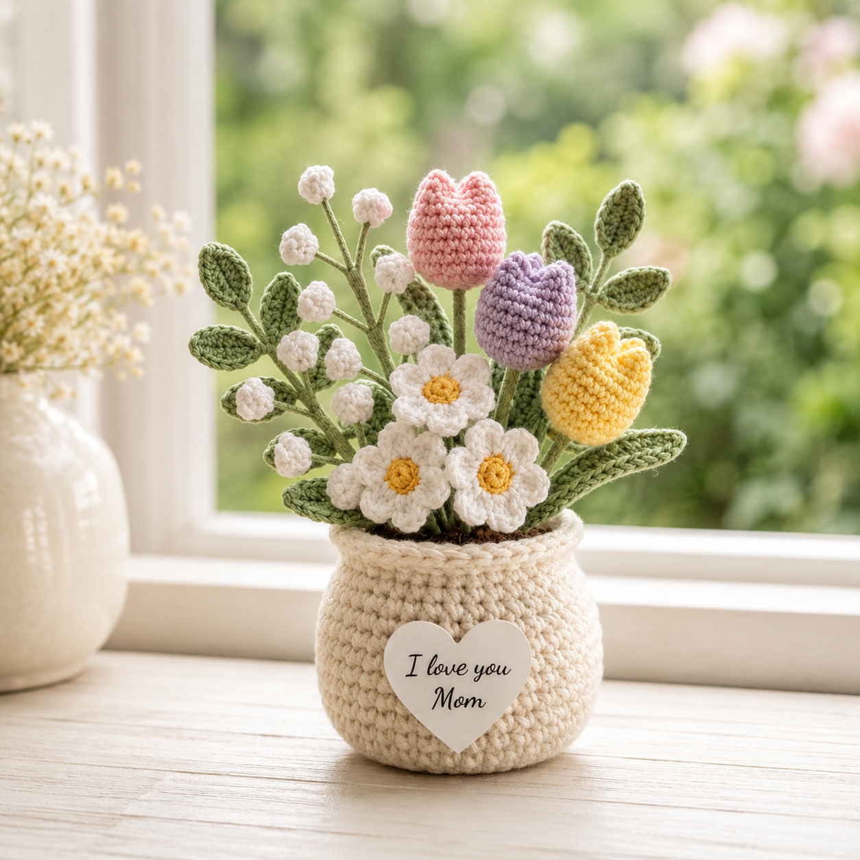 Crochet Tulip & Daisy Flower Pot – Handmade Floral Gift for Mom