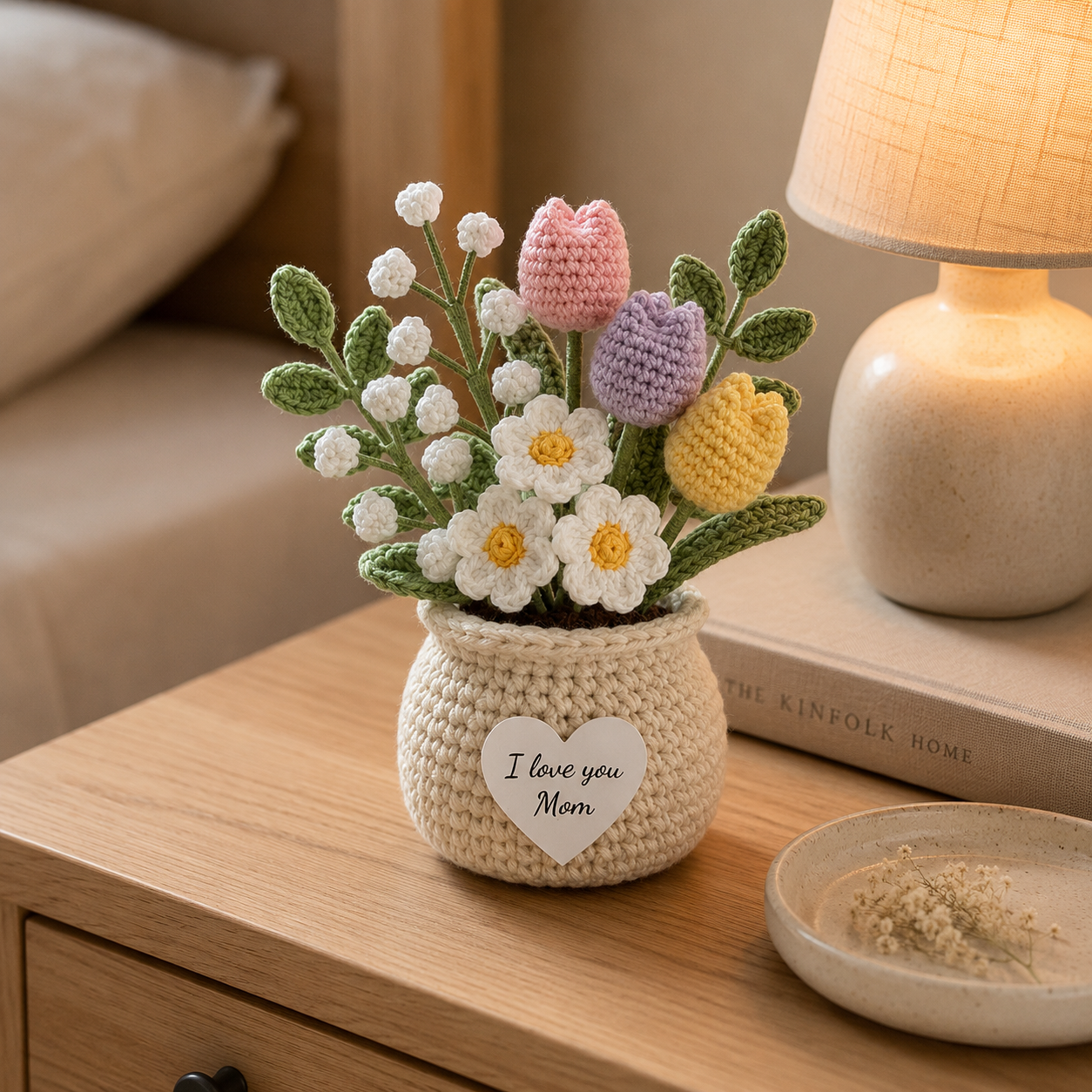 Crochet Tulip & Daisy Flower Pot – Handmade Floral Gift for Mom