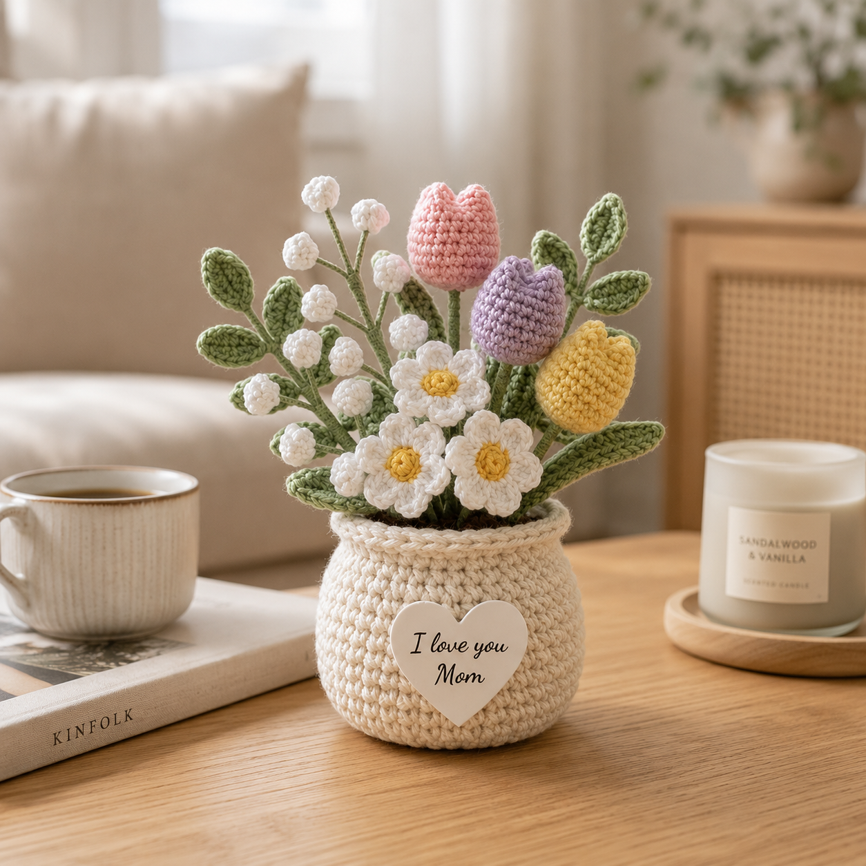 Crochet Tulip & Daisy Flower Pot – Handmade Floral Gift for Mom