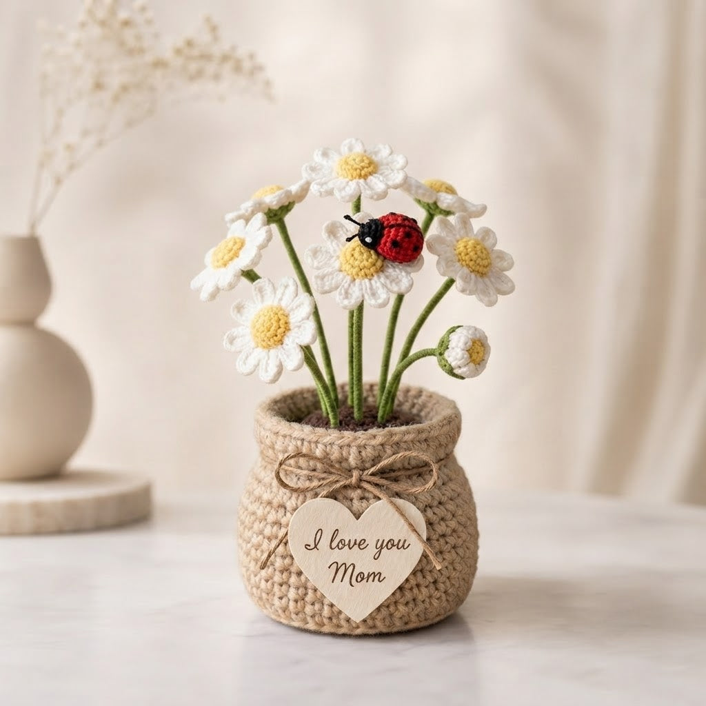 Crochet Daisy Flower Pot with Ladybird – Handmade Floral Desk Decor