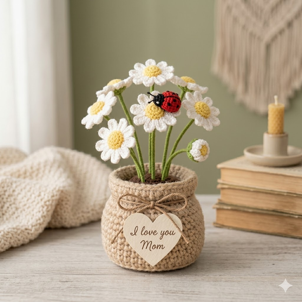 Crochet Daisy Flower Pot with Ladybird – Handmade Floral Desk Decor