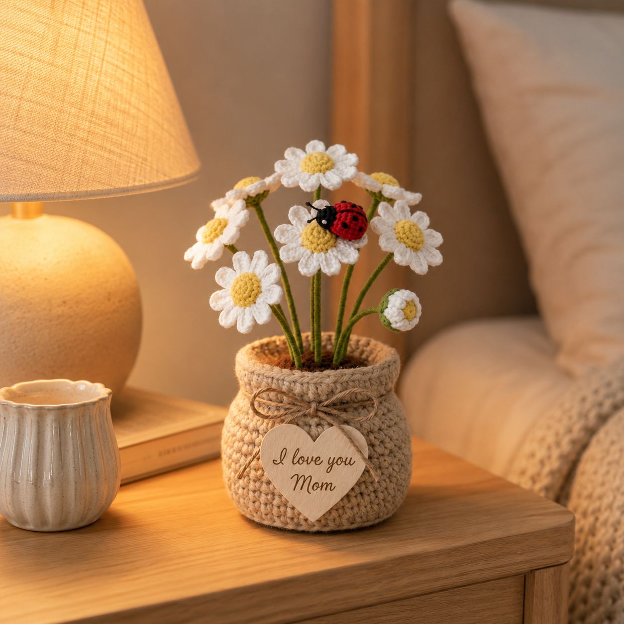 Crochet Daisy Flower Pot with Ladybird – Handmade Floral Desk Decor