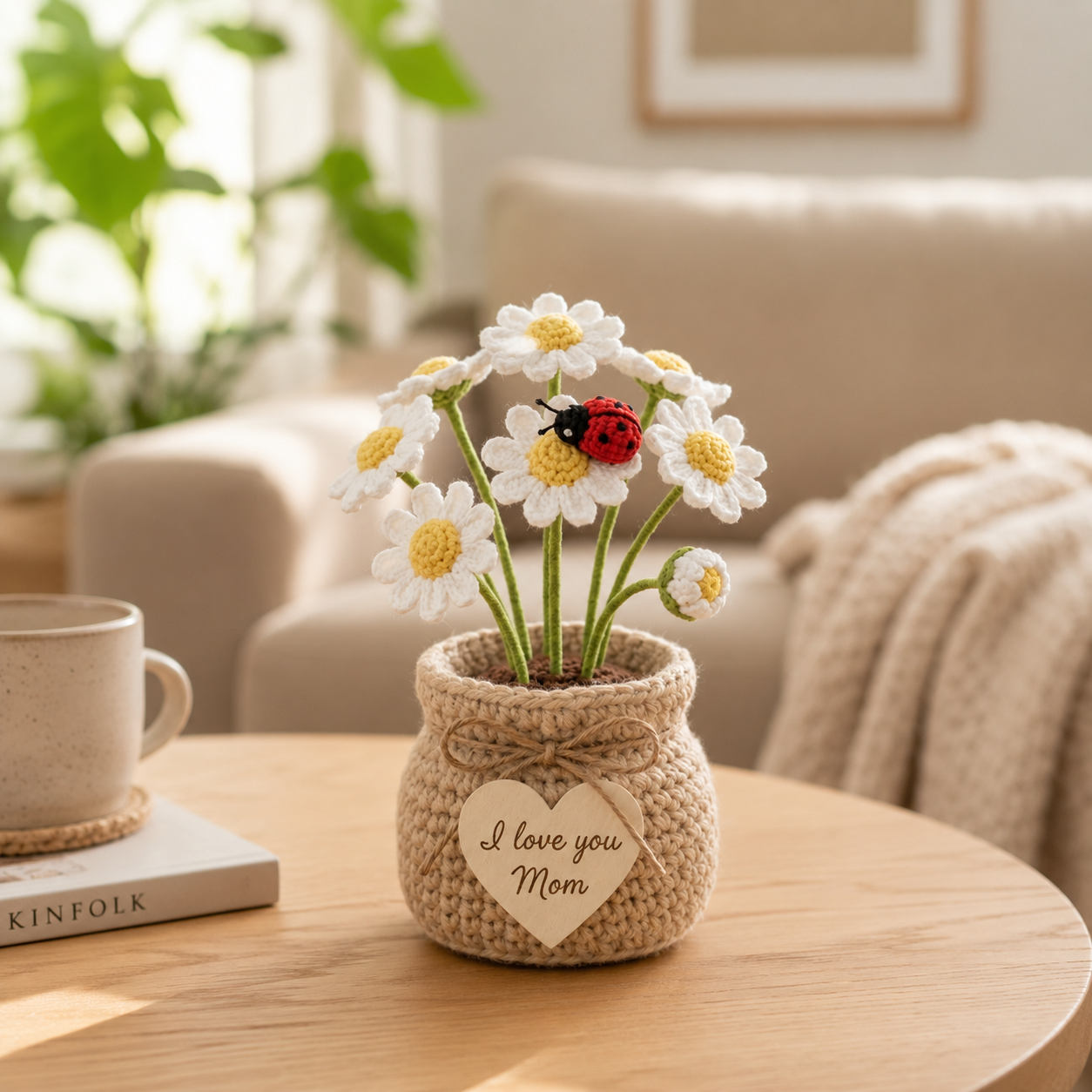 Crochet Daisy Flower Pot with Ladybird – Handmade Floral Desk Decor