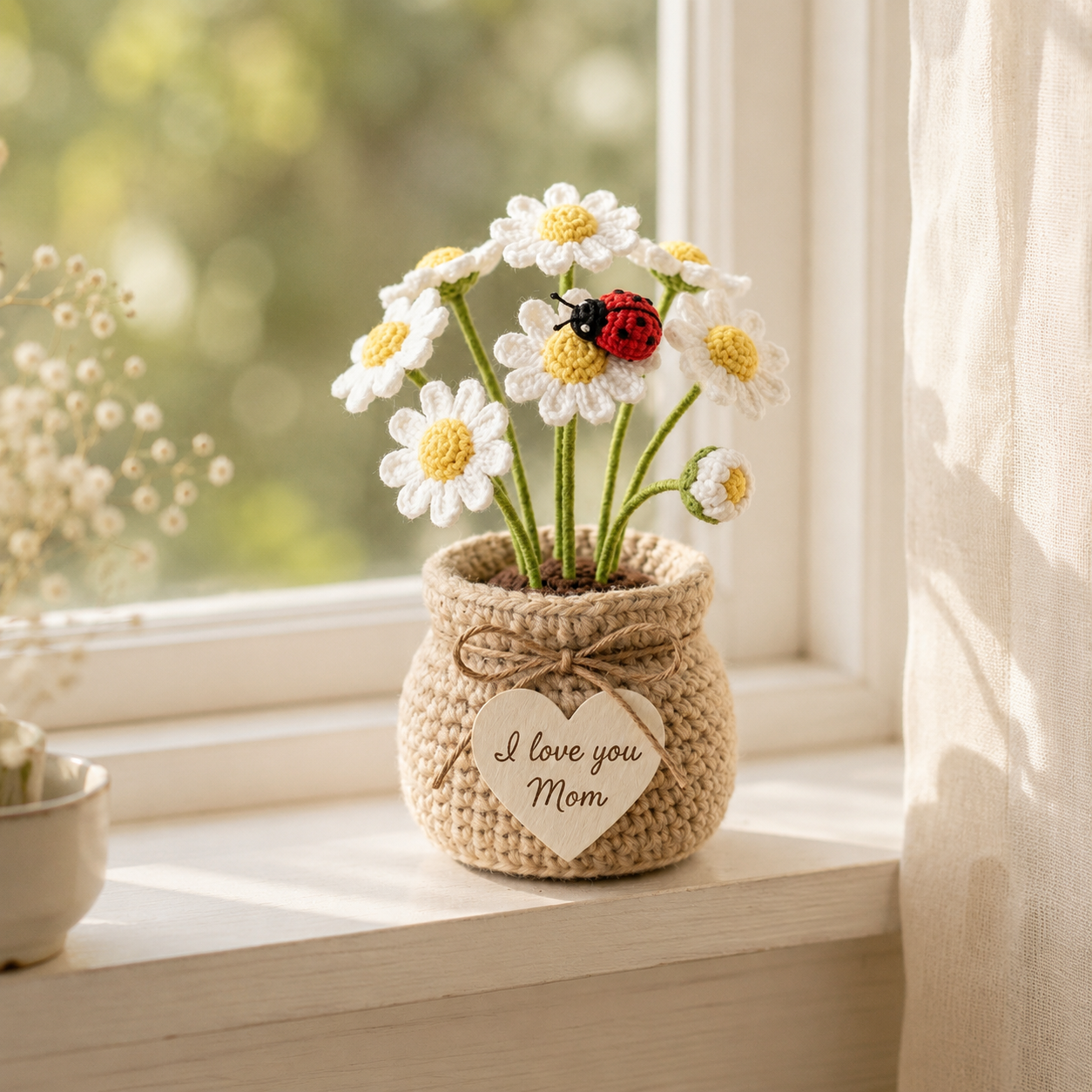 Crochet Daisy Flower Pot with Ladybird – Handmade Floral Desk Decor