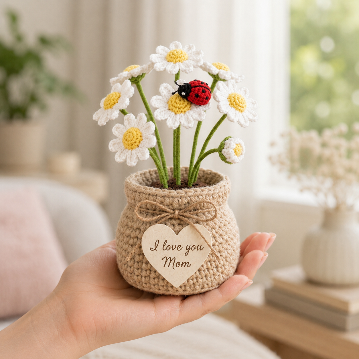 Crochet Daisy Flower Pot with Ladybird – Handmade Floral Desk Decor