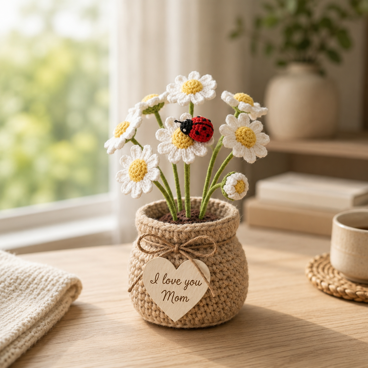 Crochet Daisy Flower Pot with Ladybird – Handmade Floral Desk Decor